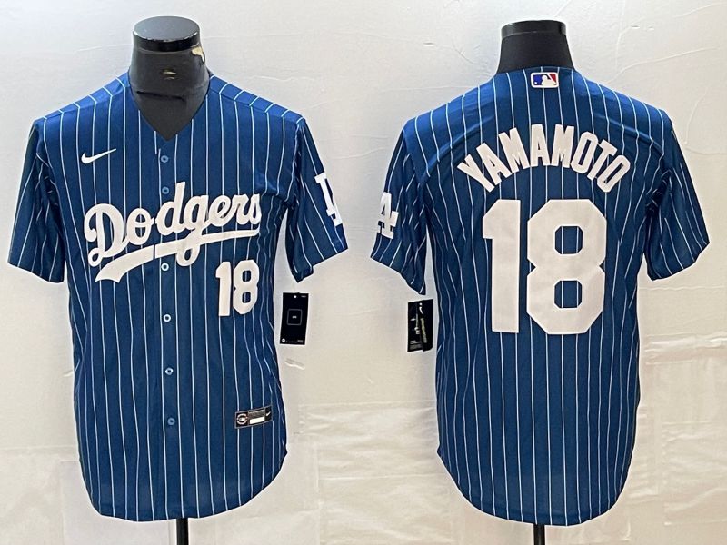 Men Los Angeles Dodgers 18 Yamamoto Blue stripe Nike Game MLB Jersey style 9